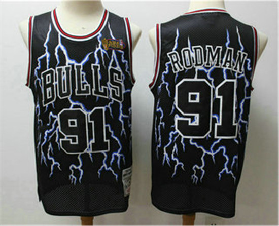 2020 Men's Chicago Bulls #91 Dennis Rodman Black Lightning Hardwood Classics Soul Swingman Throwback