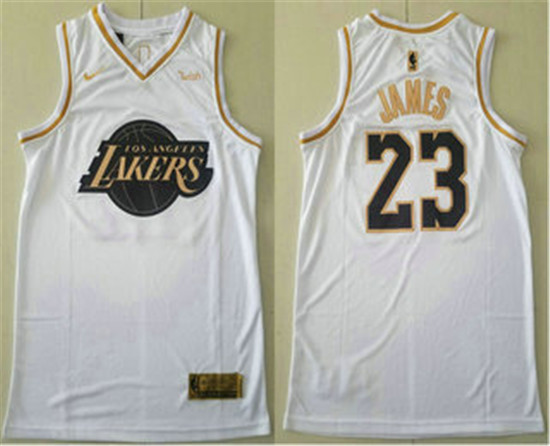2020 Men's Los Angeles Lakers #23 LeBron James White Gold Nike Swingman Stitched NBA Jersey