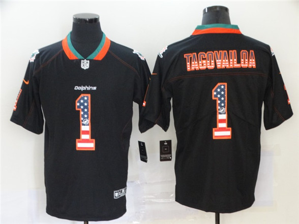 2020 Miami Dolphins #1 Tua Tagovailoa USA Flag Fashion Black Color Rush Stitched Nike Limited Jersey