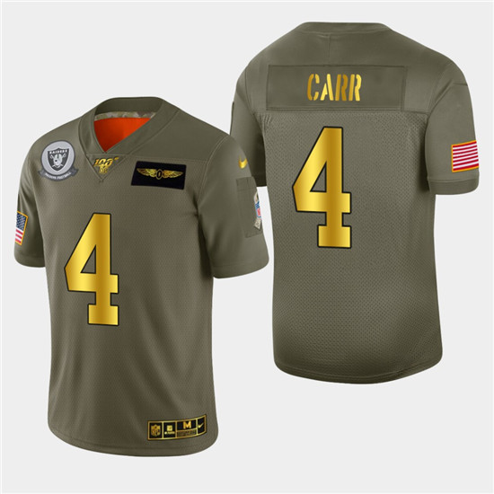 2020 Raiders #4 Derek Carr Men's Nike Olive Gold 2019 Salute to Service Limited NFL 100 Jersey