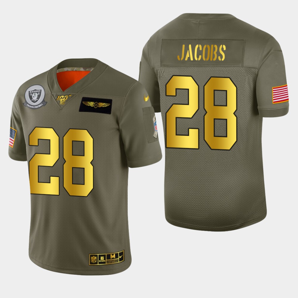 2020 Raiders #28 Josh Jacobs Men's Nike Olive Gold 2019 Salute to Service Limited NFL 100 Jersey