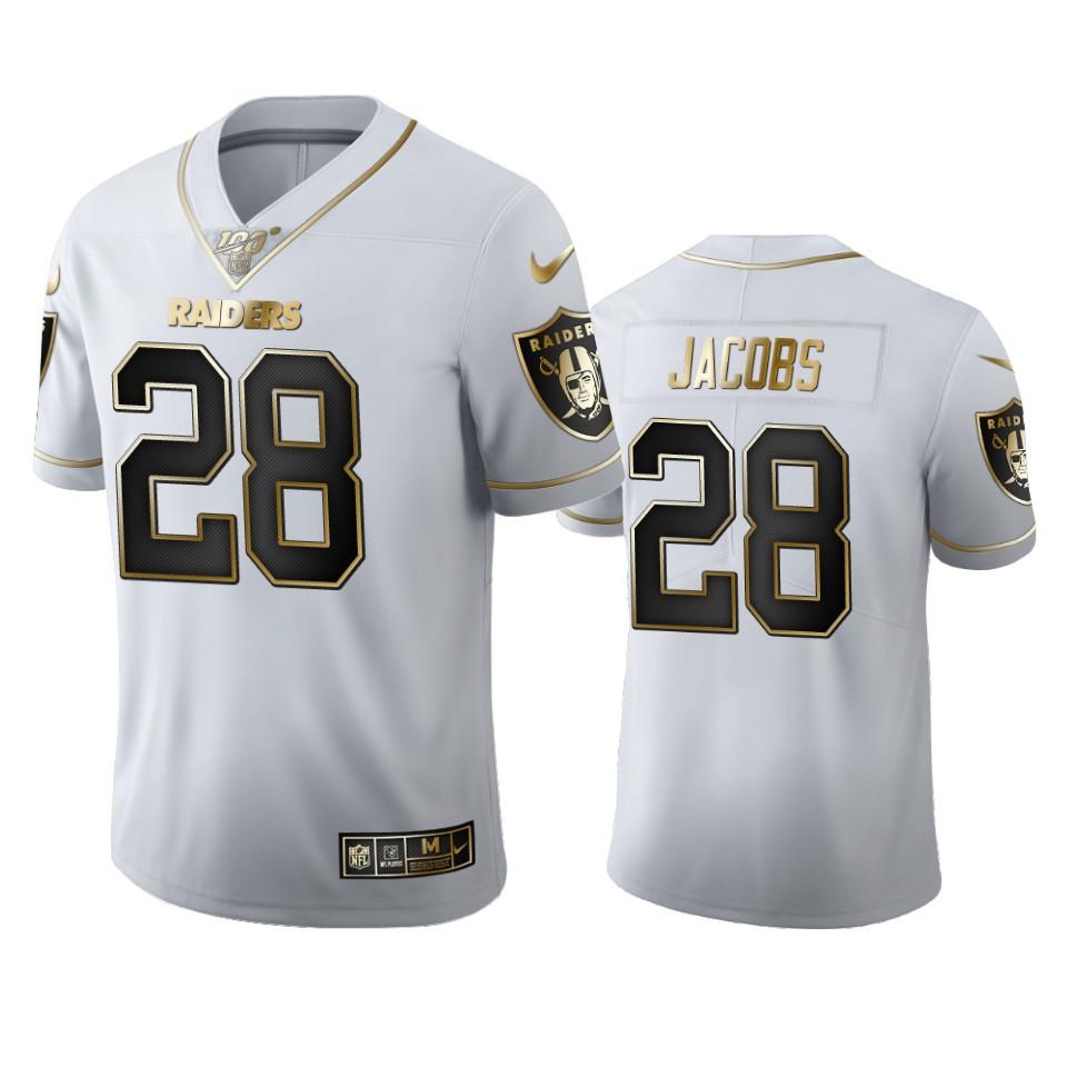 2020 Las Vegas Raiders #28 Josh Jacobs Men's Nike White Golden Edition Vapor Limited NFL 100 Jersey - Click Image to Close