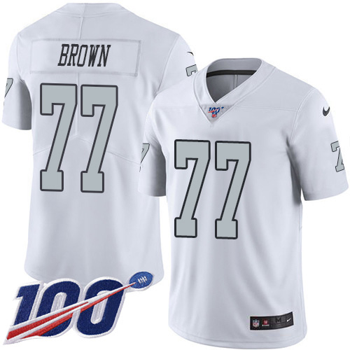 2020 Nike Raiders #77 Trent Brown White Men's Stitched NFL Limited Rush 100th Season Jersey