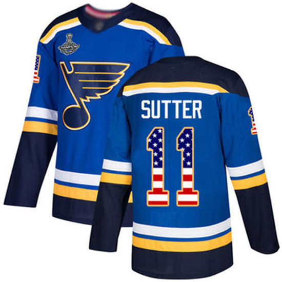 2020 Blues #11 Brian Sutter Blue Home Authentic USA Flag Stanley Cup Champions Stitched Hockey Jerse