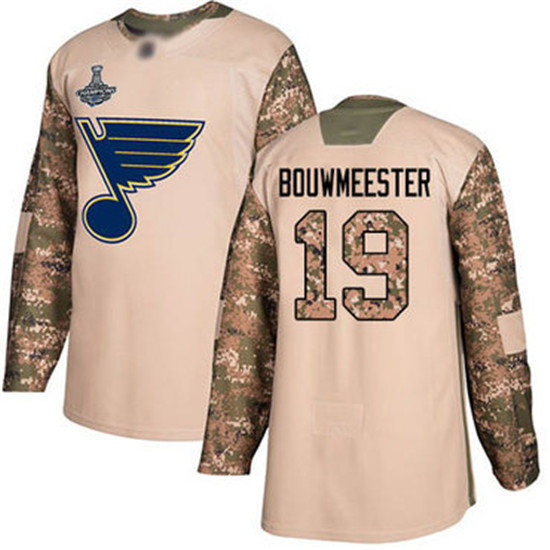 2020 Blues #19 Jay Bouwmeester Camo Authentic 2017 Veterans Day Stanley Cup Champions Stitched Hocke