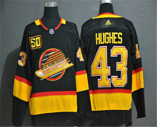 2020 Men's Vancouver Canucks #43 Quinn Hughes Black 50th Season Adidas Stitched NHL Jersey