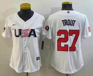 Women's USA Baseball #27 Mike Trout 2023 White World Classic Replica Stitched Jerseys