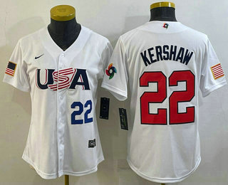 Women's USA Baseball #22 Clayton Kershaw Number 2023 White World Classic Stitched Jersey