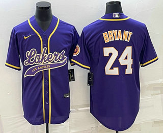 Men's Los Angeles Lakers #24 Kobe Bryant Purple With Patch Cool Base Stitched Baseball Jersey