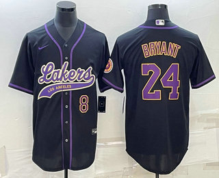 Men's Los Angeles Lakers #8 #24 Kobe Bryant Number Black With Patch Cool Base Stitched Baseball Jers