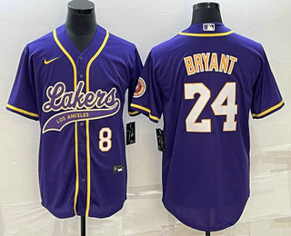 Men's Los Angeles Lakers #8 #24 Kobe Bryant Number Purple With Patch Cool Base Stitched Baseball Jer