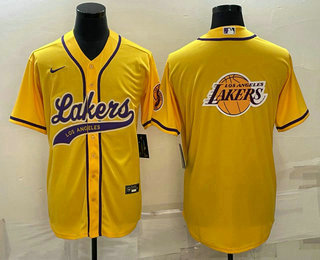 Men's Los Angeles Lakers Yellow Team Big Logo Cool Base Stitched Baseball Jersey