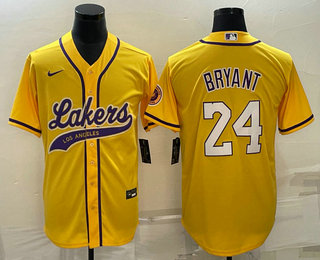 Men's Los Angeles Lakers #24 Kobe Bryant Yellow With Patch Cool Base Stitched Baseball Jersey