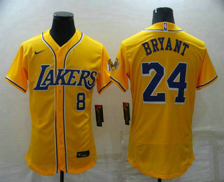 Men's Los Angeles Lakers Front #8 Back #24 Kobe Bryant Yellow Cool Base Stitched Baseball Jersey