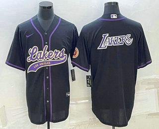 Men's Los Angeles Lakers Black Big Logo Cool Base Stitched Baseball Jersey