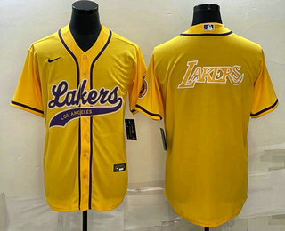 Men's Los Angeles Lakers Yellow Big Logo Cool Base Stitched Baseball Jersey