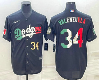 Mens Los Angeles Dodgers #34 Fernando Valenzuela Number Mexico Black Cool Base Stitched Baseball Jer