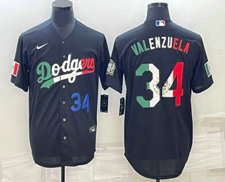 Men's Los Angeles Dodgers #34 Fernando Valenzuela Number Mexico Black Cool Base Stitched Baseball Je