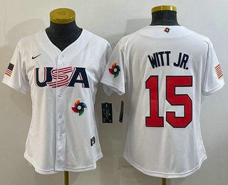 Women's USA Baseball #15 Bobby Witt Jr 2023 White World Classic Replica Stitched Jersey