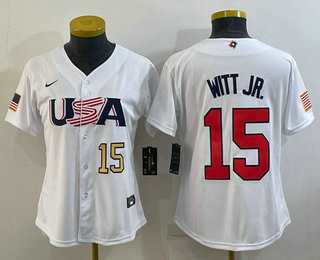 Women's USA Baseball #15 Bobby Witt Jr Number 2023 White World Classic Replica Stitched Jerseys