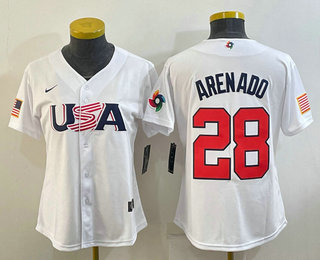 Women's USA Baseball #28 Nolan Arenado 2023 White World Classic Replica Stitched Jerseys