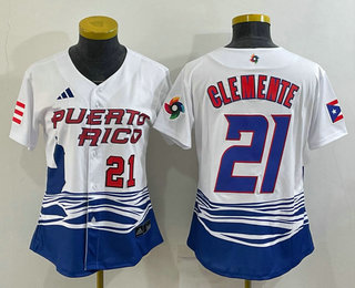 Womens Puerto Rico Baseball #21 Roberto Clemente Number 2023 White World Classic Stitched Jersey