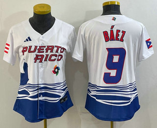 Women's Puerto Rico Baseball #9 Javier Baez White 2023 World Baseball Classic Stitched Jerseys