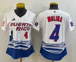 Women's Puerto Rico Baseball #4 Yadier Molina Number 2023 Red World Classic Stitched Jersey