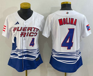 Women's Puerto Rico Baseball #4 Yadier Molina Number 2023 Red World Classic Stitched Jerseys