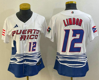 Women's Puerto Rico Baseball #12 Francisco Lindor Number 2023 White World Classic Stitched Jersey - Click Image to Close