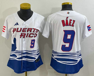 Womens Puerto Rico Baseball #9 Javier Baez Number White 2023 World Baseball Classic Stitched Jersey