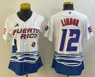 Women's Puerto Rico Baseball #12 Francisco Lindor 2023 White World Classic Stitched Jerseys