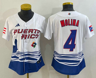 Women's Puerto Rico Baseball #4 Yadier Molina 2023 Red World Classic Stitched Jersey