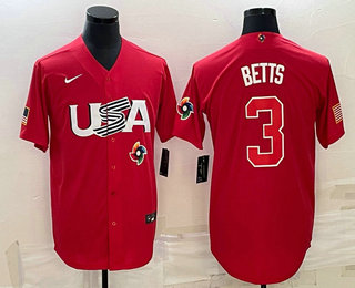 Men's USA Baseball #3 Mookie Betts 2023 Red World Classic Stitched Jersey