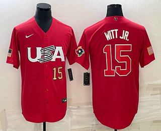 Mens USA Baseball #15 Bobby Witt Jr Number 2023 Red World Baseball Classic Stitched Jersey