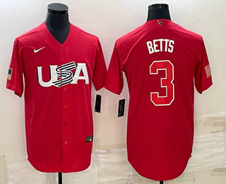 Men's USA Baseball #3 Mookie Betts 2023 Red World Classic Stitched Jerseys