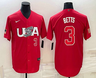 Mens USA Baseball #3 Mookie Betts Number 2023 Red World Classic Stitched Jersey