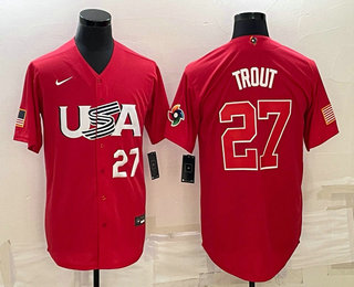 Men's USA Baseball #27 Mike Trout Number 2023 Red World Classic Stitched Jersey
