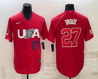 Men's USA Baseball #27 Mike Trout Number 2023 Red World Classic Stitched Jerseys