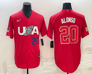 Mens USA Baseball #20 Pete Alonso Number 2023 Red World Classic Stitched Jersey1