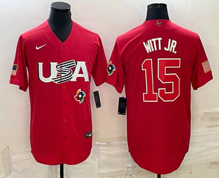 Men's USA Baseball #15 Bobby Witt Jr 2023 Red World Baseball Classic Stitched Jerseys