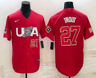 Men's USA Baseball #27 Mike Trout Number 2023 Red World Classic Stitched Jersey1