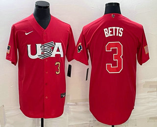 Men's USA Baseball #3 Mookie Betts Number 2023 Red World Classic Stitched Jersey