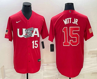 Men's USA Baseball #15 Bobby Witt Jr Number 2023 Red World Baseball Classic Stitched Jerseys