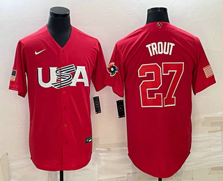 Men's USA Baseball #27 Mike Trout 2023 Red World Classic Stitched Jersey