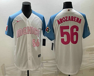 Men's Mexico Baseball #56 Randy Arozarena Number 2023 White Blue World Classic Stitched Jersey7