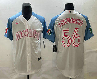 Men's Mexico Baseball #56 Randy Arozarena 2023 White Blue World Classic Stitched Jerseys