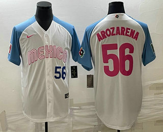 Men's Mexico Baseball #56 Randy Arozarena Number 2023 White Blue World Classic Stitched Jersey9