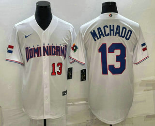 Men's Dominican Republic Baseball #13 Manny Machado Number 2023 White World Baseball Classic Stitche