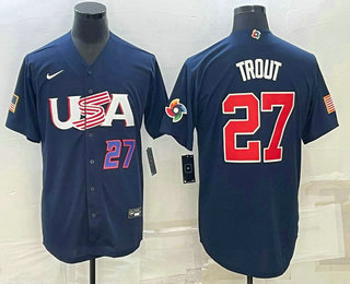 Men's USA Baseball #27 Mike Trout Number 2023 Navy World Baseball Classic Stitched Jersey